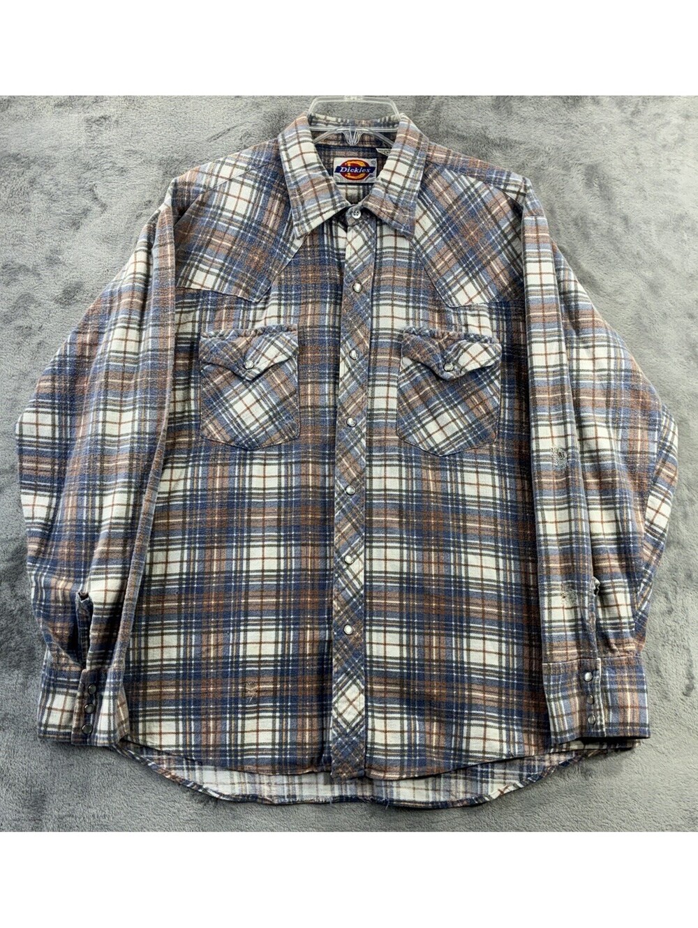 Vtg Dickies Mens XL Flannel Blue Brown Plaid Cotton Pearl Snap Grunge Thrashed